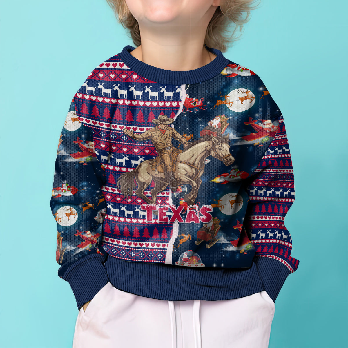 Custom Texas Christmas Kid Ugly Christmas Sweater Cowboy With Santa Claus In Space - Wonder Print Shop