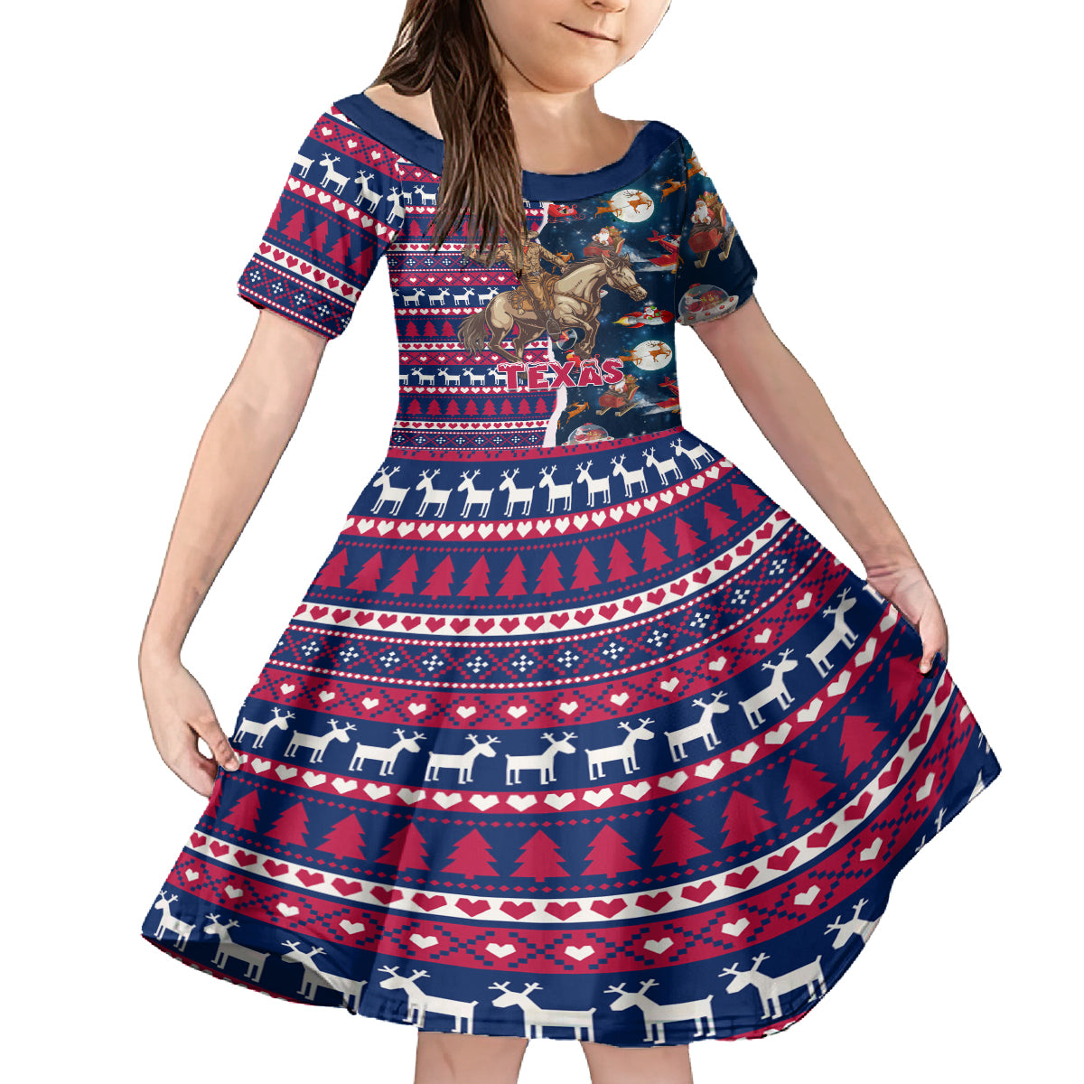 Custom Texas Christmas Kid Short Sleeve Dress Cowboy With Santa Claus In Space - Wonder Print Shop