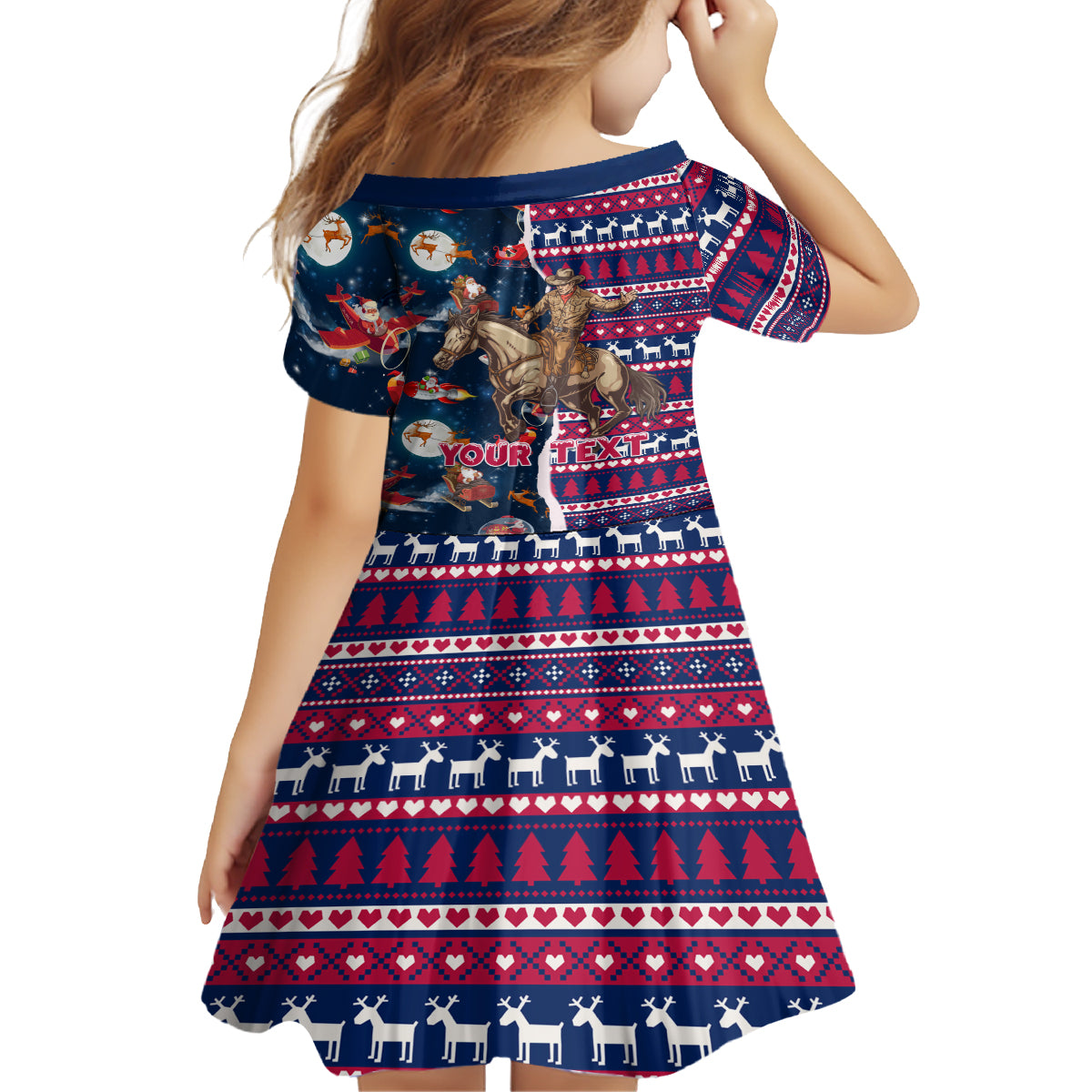 Custom Texas Christmas Kid Short Sleeve Dress Cowboy With Santa Claus In Space - Wonder Print Shop