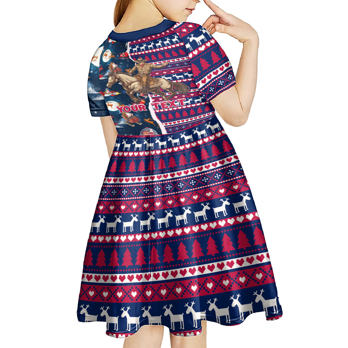 Custom Texas Christmas Kid Short Sleeve Dress Cowboy With Santa Claus In Space - Wonder Print Shop