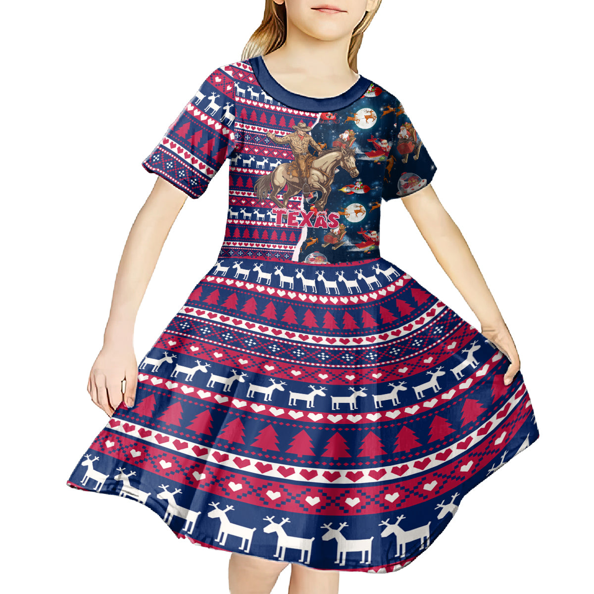 Custom Texas Christmas Kid Short Sleeve Dress Cowboy With Santa Claus In Space - Wonder Print Shop