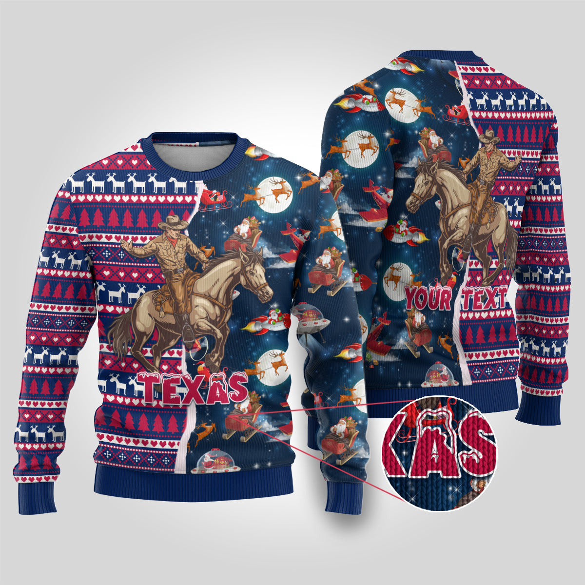 Custom Texas Christmas Ugly Christmas Sweater Cowboy With Santa Claus In Space - Wonder Print Shop
