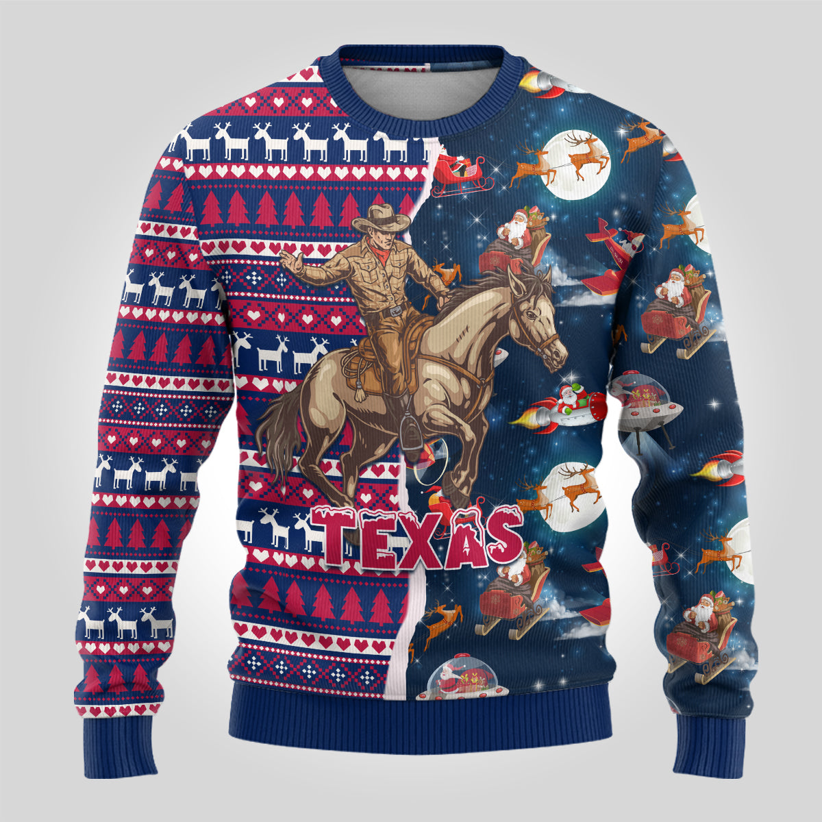 Custom Texas Christmas Ugly Christmas Sweater Cowboy With Santa Claus In Space - Wonder Print Shop