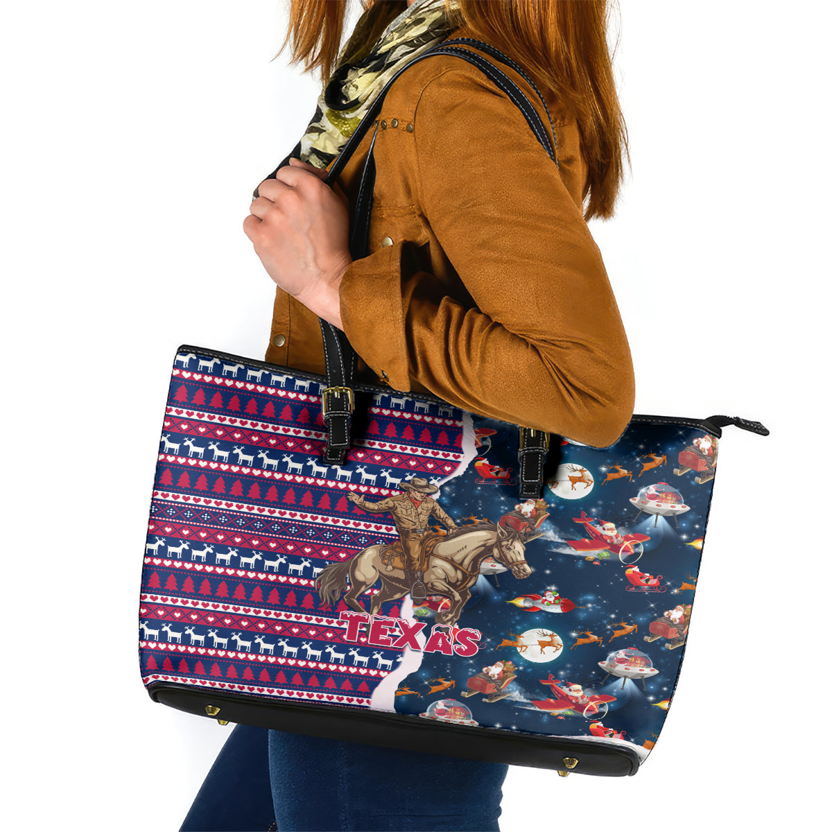Custom Texas Christmas Leather Tote Bag Cowboy With Santa Claus In Space - Wonder Print Shop