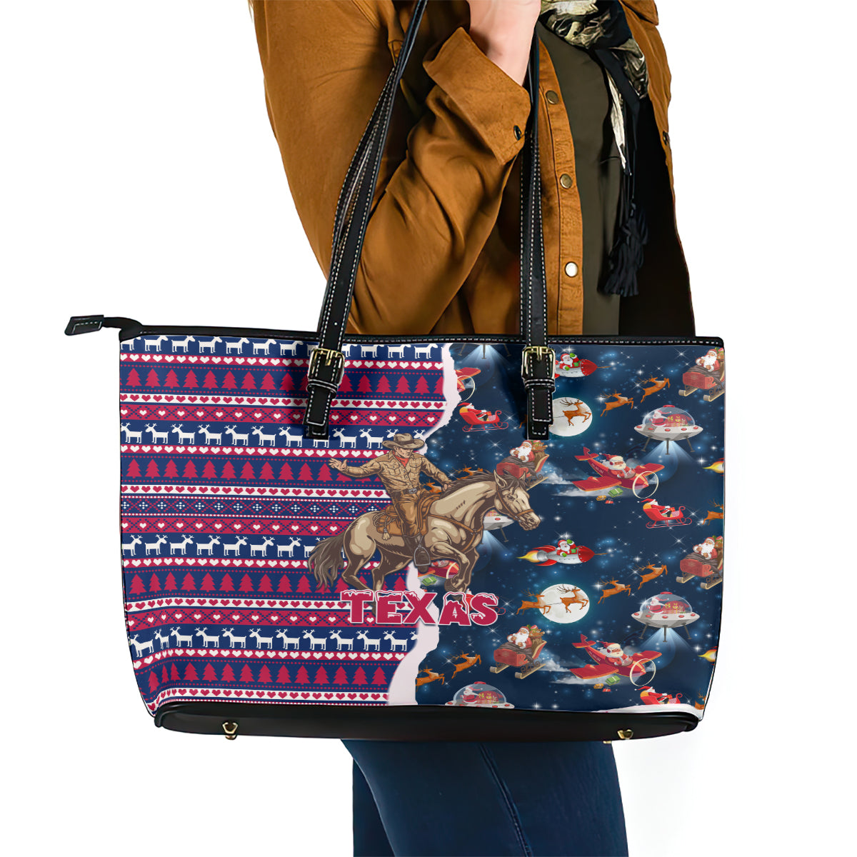 Custom Texas Christmas Leather Tote Bag Cowboy With Santa Claus In Space - Wonder Print Shop