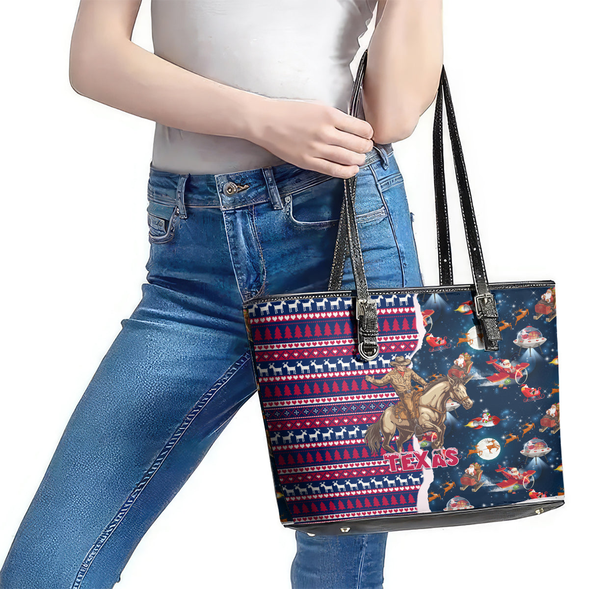 Custom Texas Christmas Leather Tote Bag Cowboy With Santa Claus In Space - Wonder Print Shop