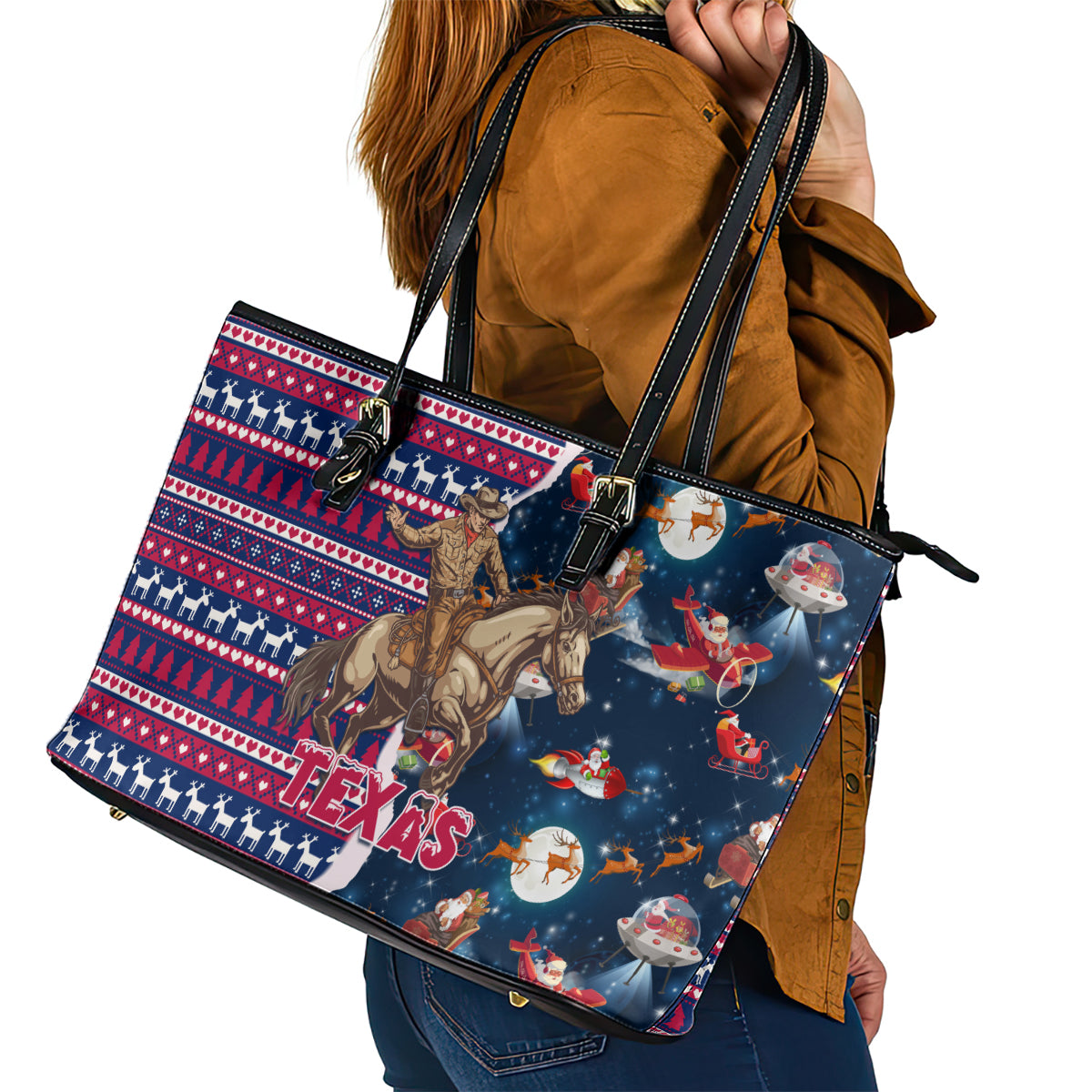 Custom Texas Christmas Leather Tote Bag Cowboy With Santa Claus In Space - Wonder Print Shop