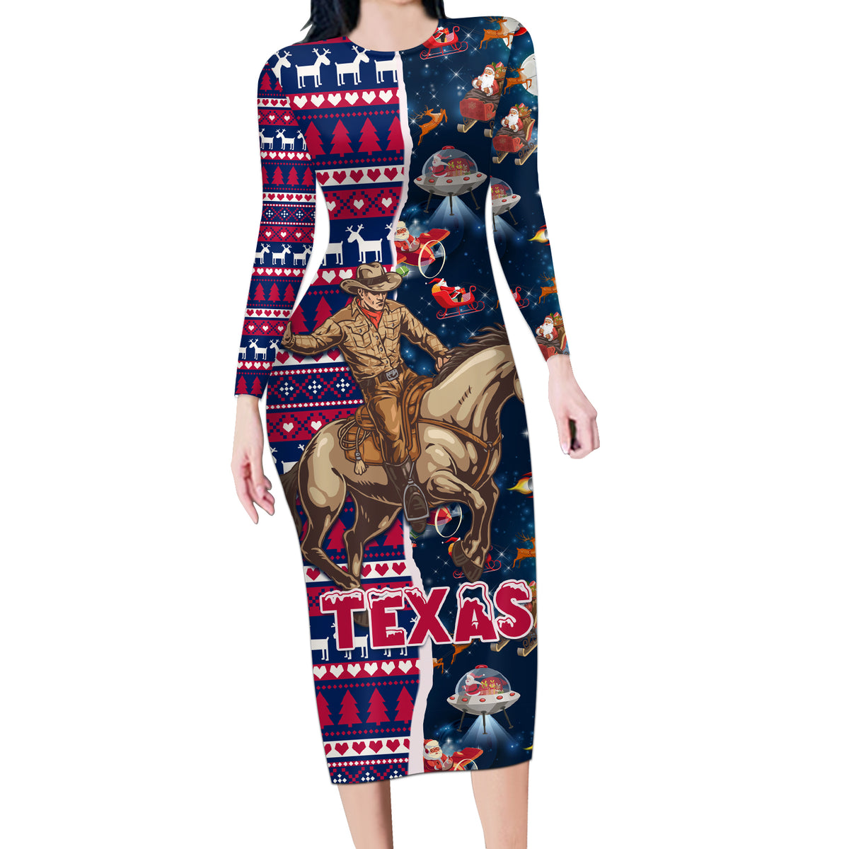 Custom Texas Christmas Long Sleeve Bodycon Dress Cowboy With Santa Claus In Space - Wonder Print Shop