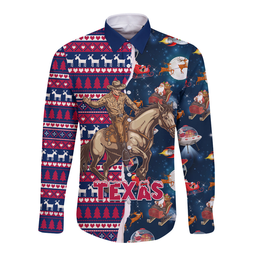 Custom Texas Christmas Long Sleeve Button Shirt Cowboy With Santa Claus In Space - Wonder Print Shop