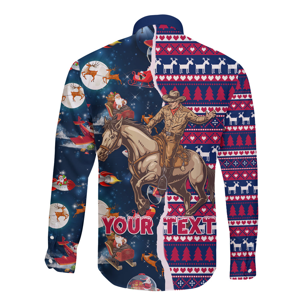 Custom Texas Christmas Long Sleeve Button Shirt Cowboy With Santa Claus In Space - Wonder Print Shop