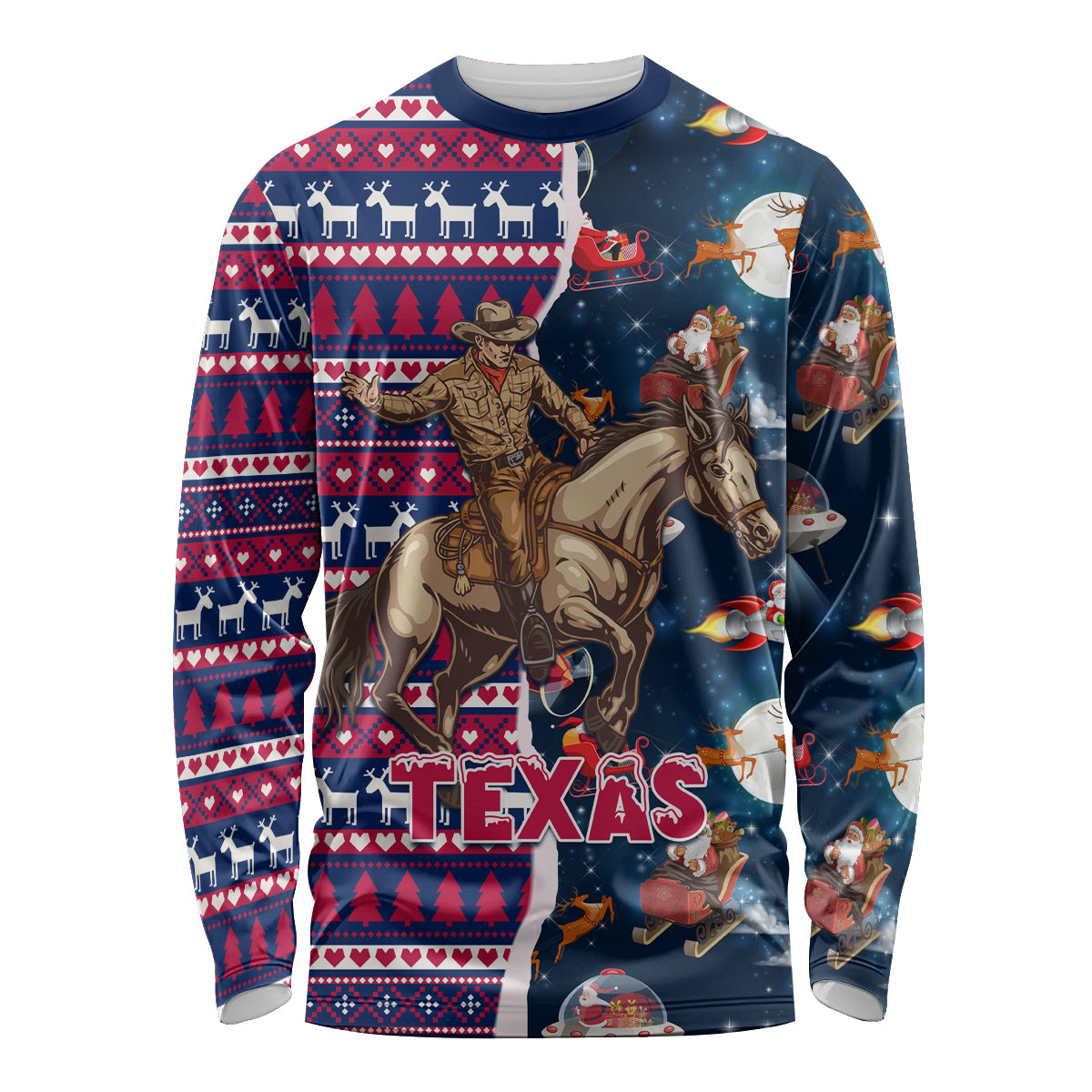 Custom Texas Christmas Long Sleeve Shirt Cowboy With Santa Claus In Space - Wonder Print Shop