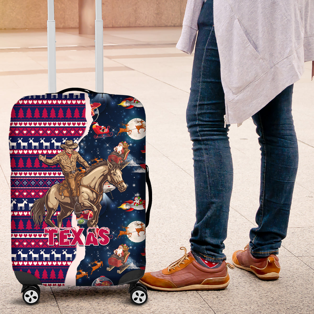 Custom Texas Christmas Luggage Cover Cowboy With Santa Claus In Space - Wonder Print Shop