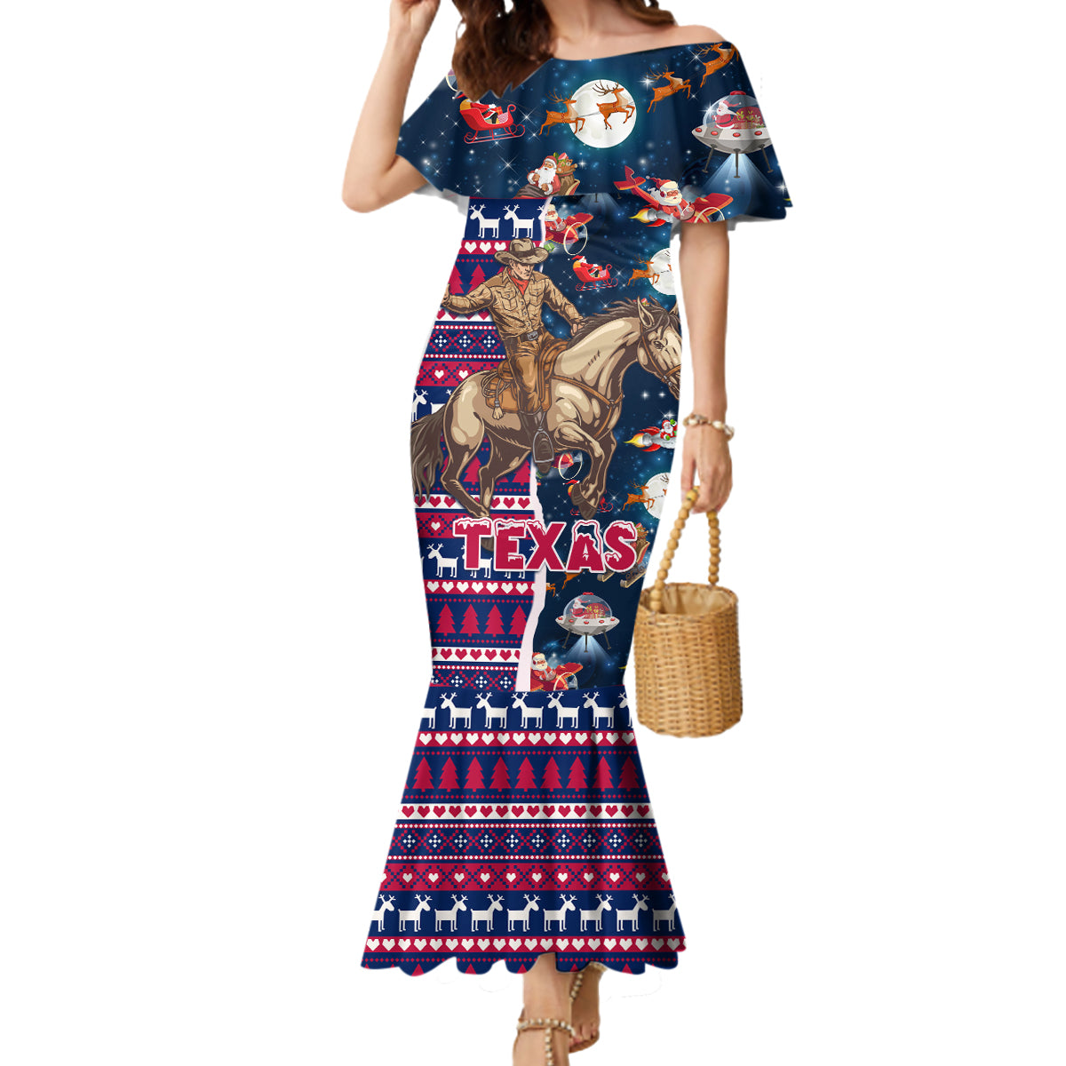 Custom Texas Christmas Mermaid Dress Cowboy With Santa Claus In Space - Wonder Print Shop