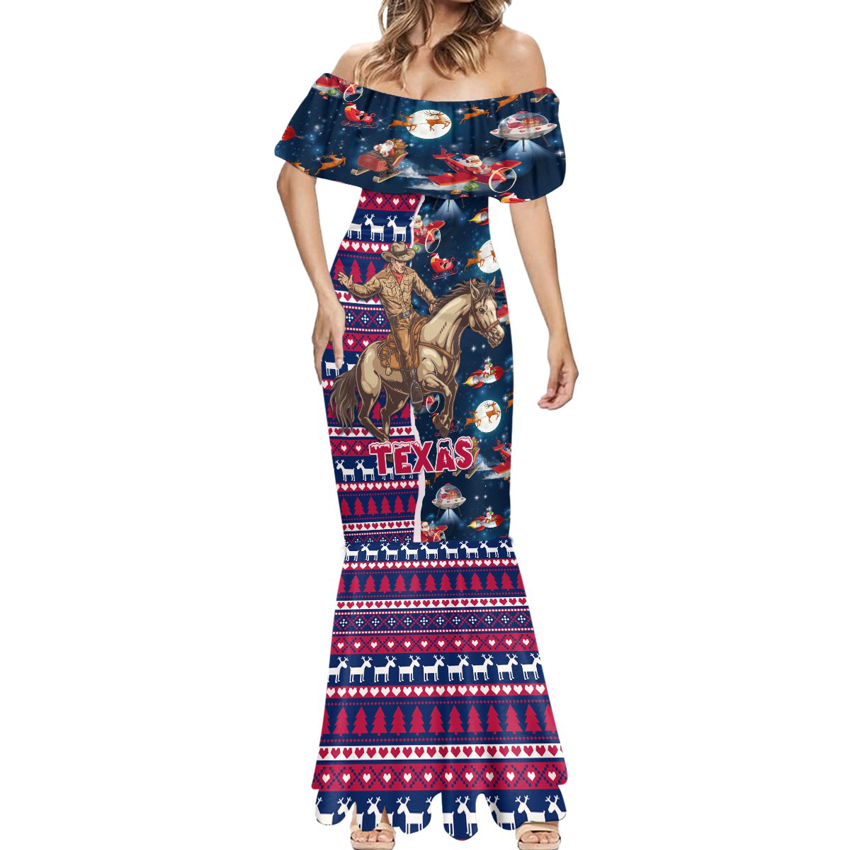 Custom Texas Christmas Mermaid Dress Cowboy With Santa Claus In Space - Wonder Print Shop