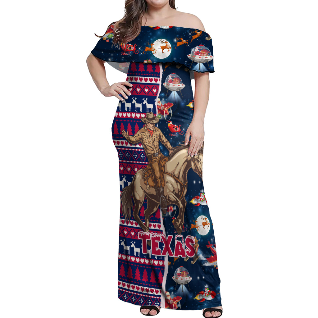 Custom Texas Christmas Off Shoulder Maxi Dress Cowboy With Santa Claus In Space - Wonder Print Shop