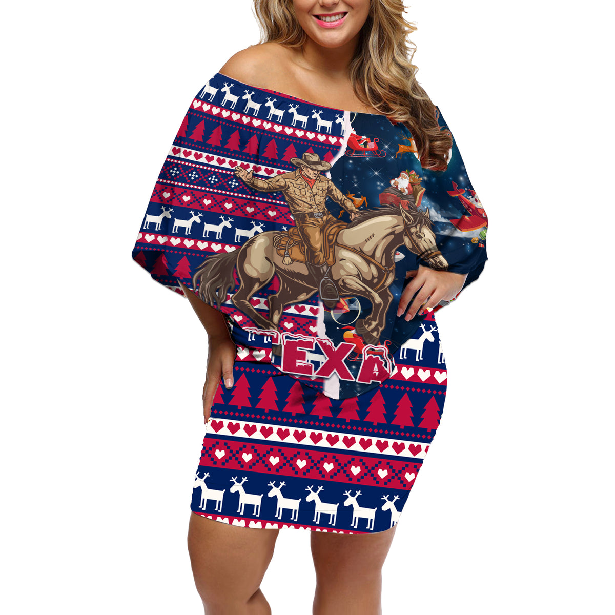 Custom Texas Christmas Off Shoulder Short Dress Cowboy With Santa Claus In Space - Wonder Print Shop