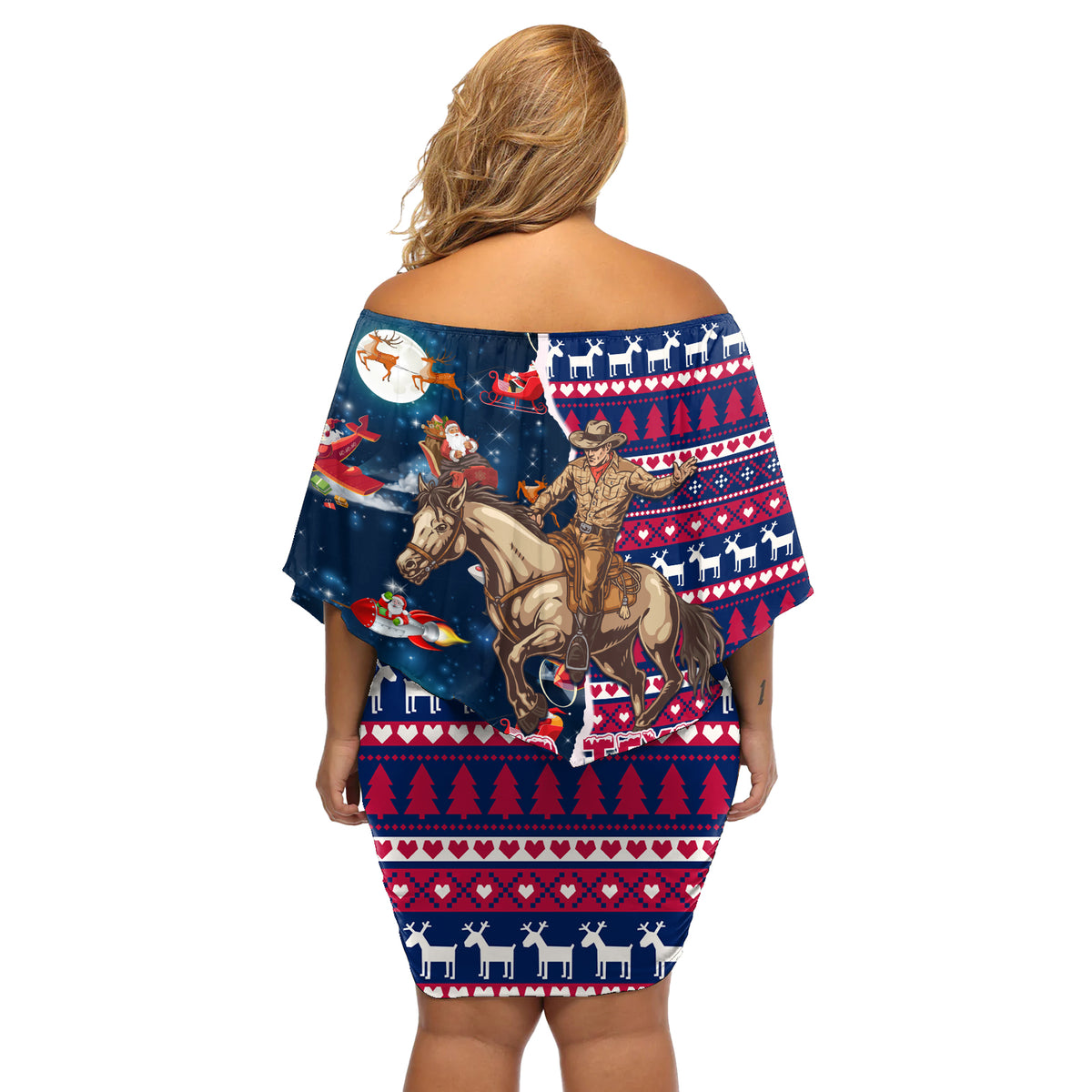 Custom Texas Christmas Off Shoulder Short Dress Cowboy With Santa Claus In Space - Wonder Print Shop