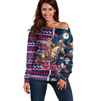 Custom Texas Christmas Off Shoulder Sweater Cowboy With Santa Claus In Space - Wonder Print Shop