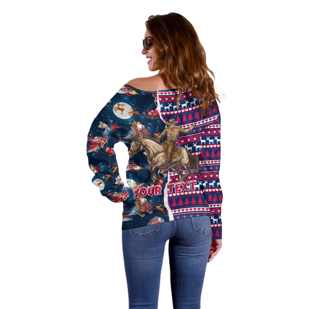 Custom Texas Christmas Off Shoulder Sweater Cowboy With Santa Claus In Space - Wonder Print Shop
