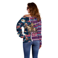 Custom Texas Christmas Off Shoulder Sweater Cowboy With Santa Claus In Space - Wonder Print Shop