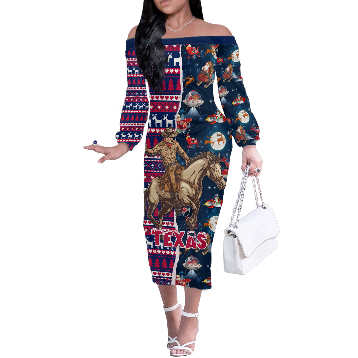 Custom Texas Christmas Off The Shoulder Long Sleeve Dress Cowboy With Santa Claus In Space - Wonder Print Shop
