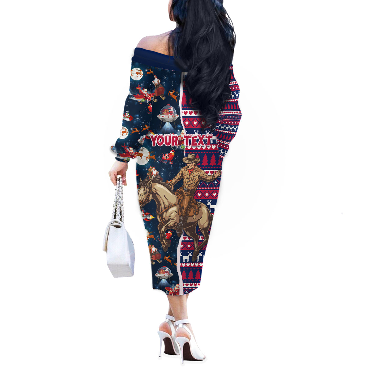 Custom Texas Christmas Off The Shoulder Long Sleeve Dress Cowboy With Santa Claus In Space - Wonder Print Shop