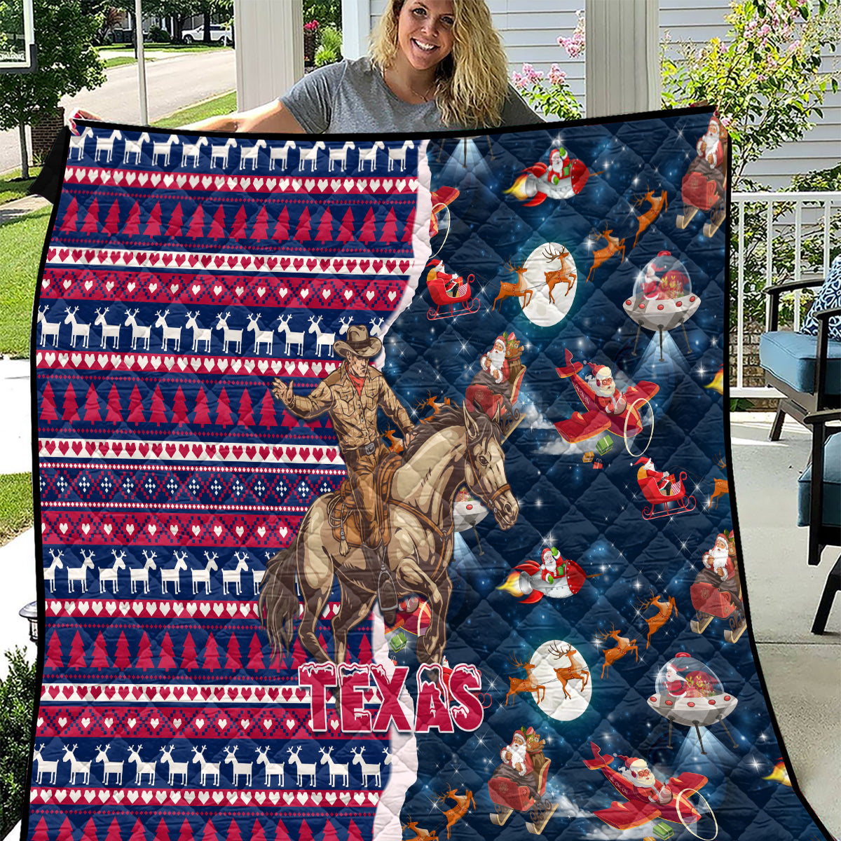 Custom Texas Christmas Quilt Cowboy With Santa Claus In Space - Wonder Print Shop