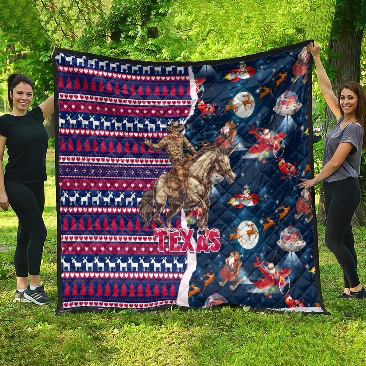 Custom Texas Christmas Quilt Cowboy With Santa Claus In Space - Wonder Print Shop