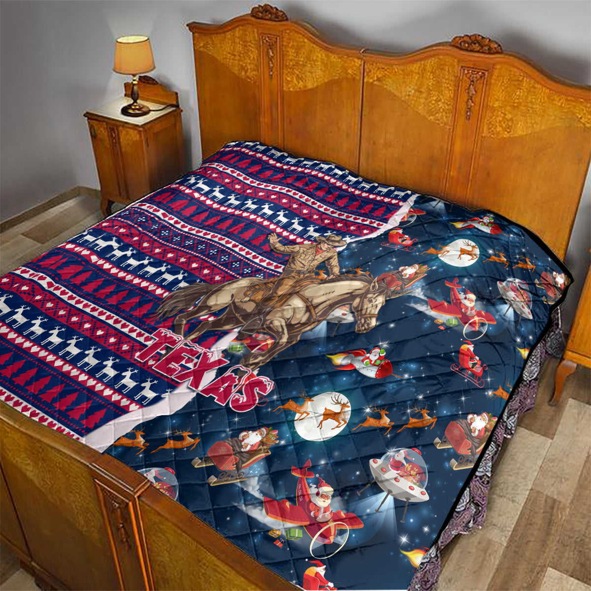 Custom Texas Christmas Quilt Cowboy With Santa Claus In Space - Wonder Print Shop