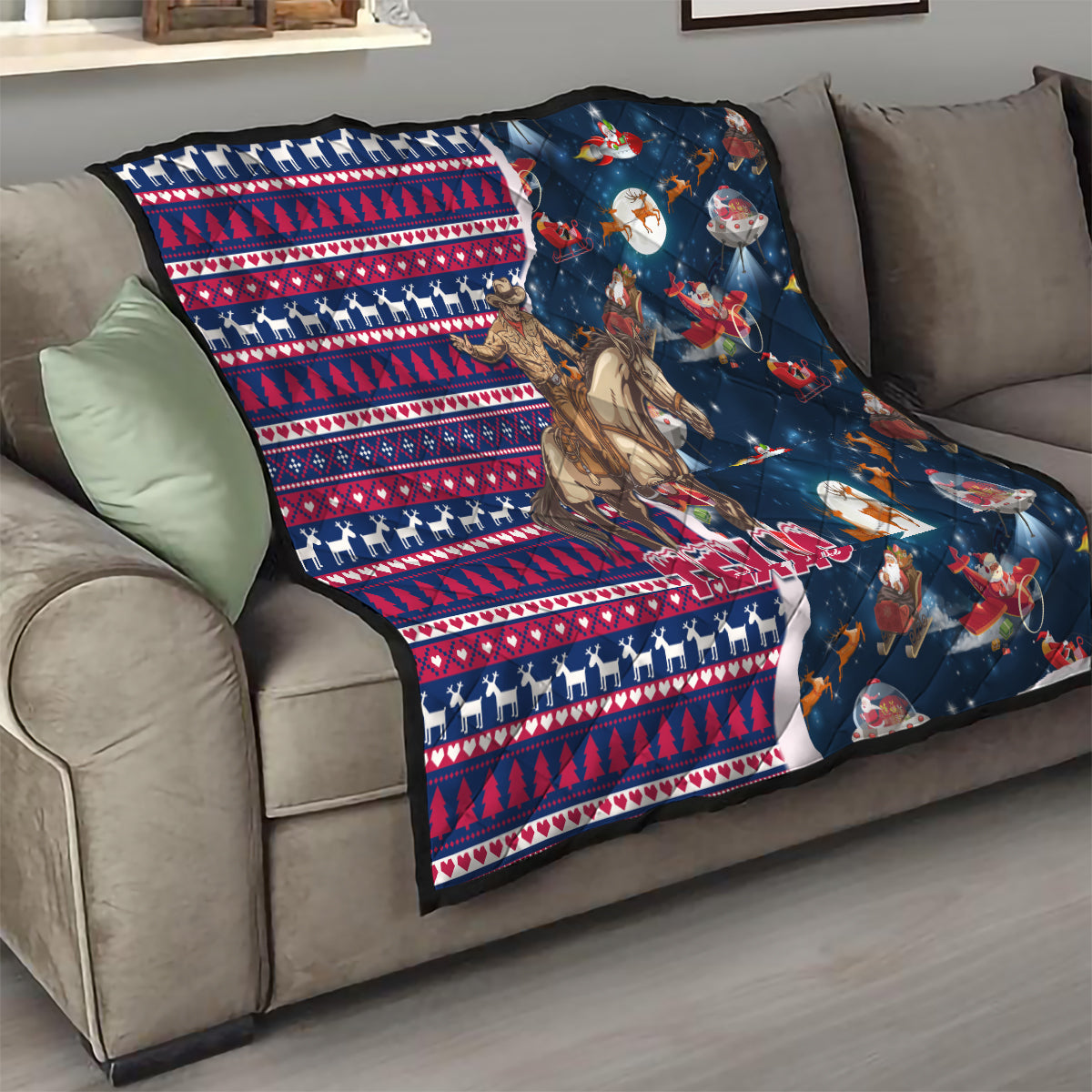 Custom Texas Christmas Quilt Cowboy With Santa Claus In Space - Wonder Print Shop