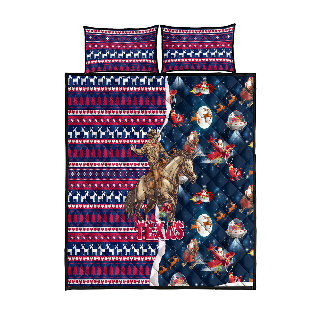 Custom Texas Christmas Quilt Bed Set Cowboy With Santa Claus In Space - Wonder Print Shop