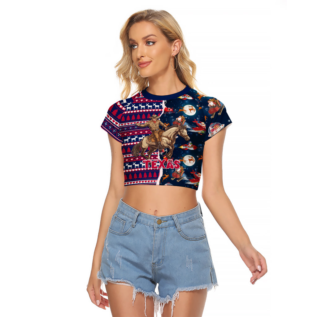 Custom Texas Christmas Raglan Cropped T Shirt Cowboy With Santa Claus In Space - Wonder Print Shop
