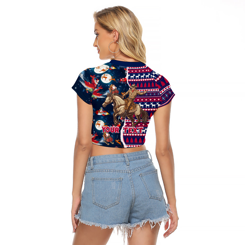 Custom Texas Christmas Raglan Cropped T Shirt Cowboy With Santa Claus In Space - Wonder Print Shop