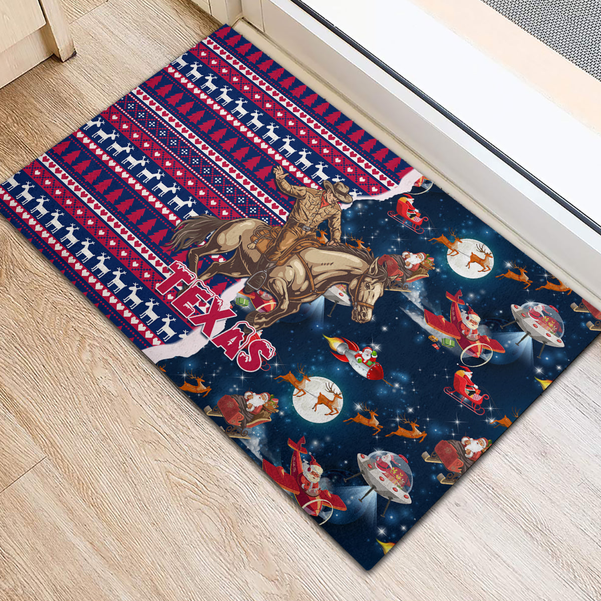 Custom Texas Christmas Rubber Doormat Cowboy With Santa Claus In Space - Wonder Print Shop
