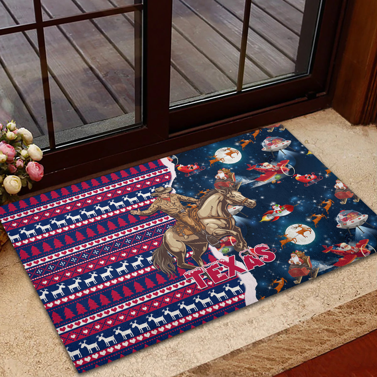 Custom Texas Christmas Rubber Doormat Cowboy With Santa Claus In Space - Wonder Print Shop