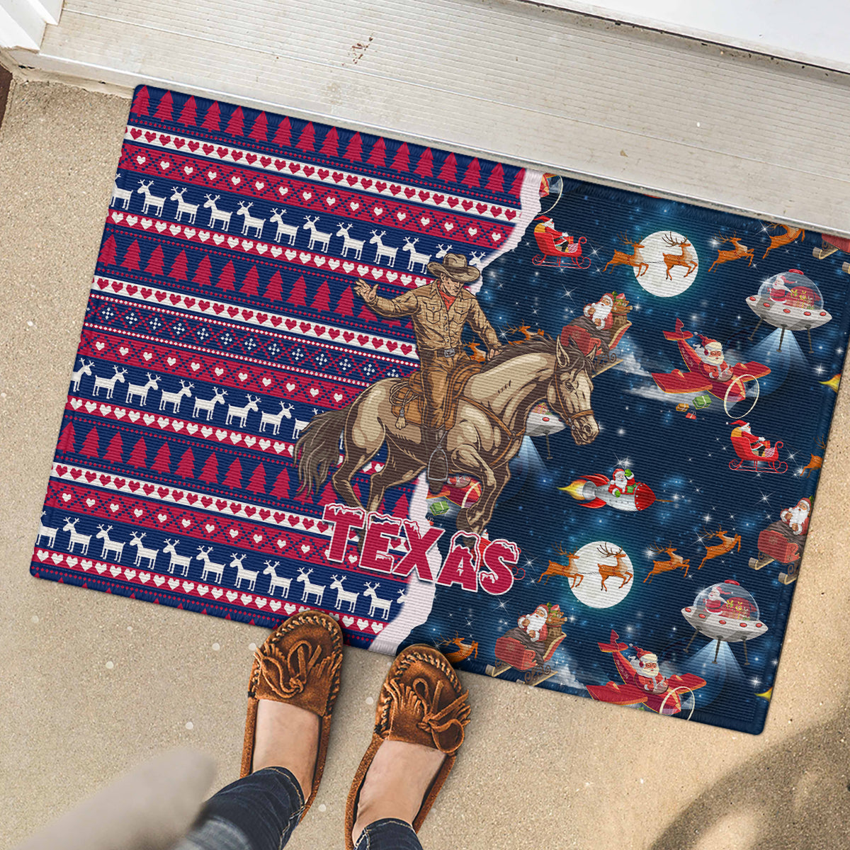 Custom Texas Christmas Rubber Doormat Cowboy With Santa Claus In Space - Wonder Print Shop