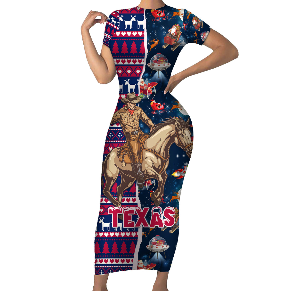 Custom Texas Christmas Short Sleeve Bodycon Dress Cowboy With Santa Claus In Space - Wonder Print Shop