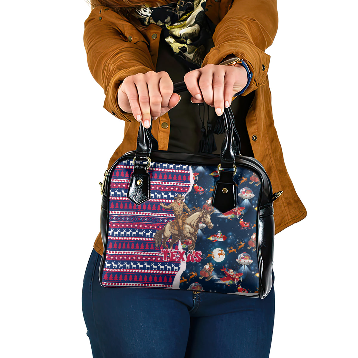 custom-texas-christmas-shoulder-handbag-cowboy-with-santa-claus-in-space