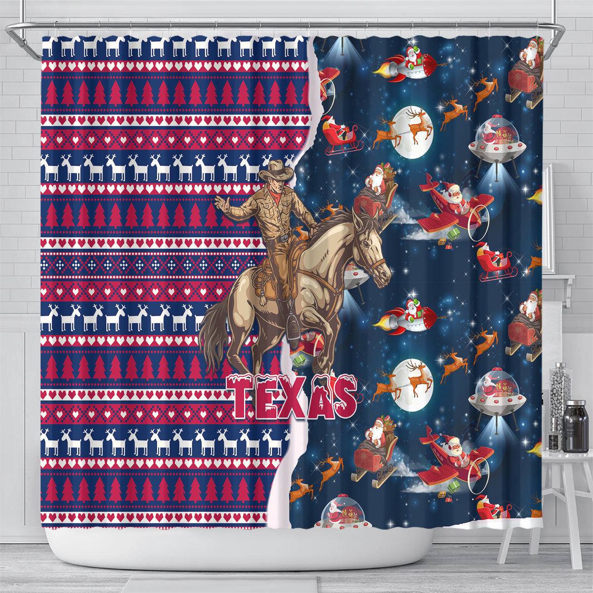 custom-texas-christmas-shower-curtain-cowboy-with-santa-claus-in-space