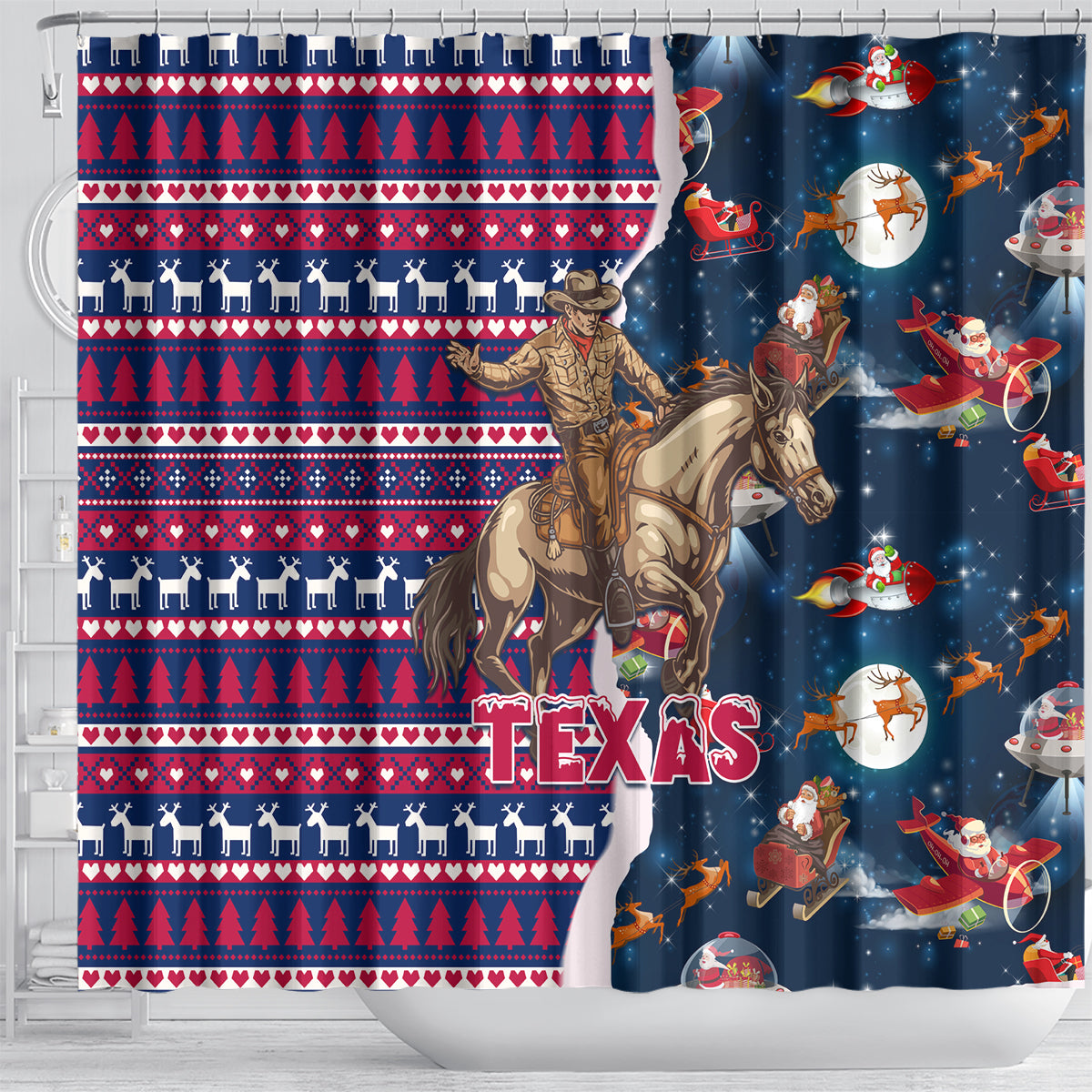 custom-texas-christmas-shower-curtain-cowboy-with-santa-claus-in-space