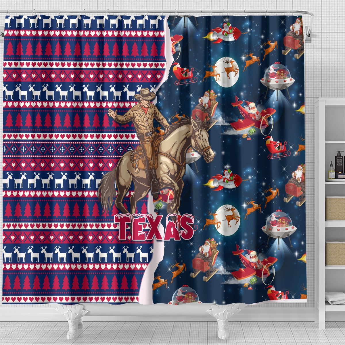 custom-texas-christmas-shower-curtain-cowboy-with-santa-claus-in-space