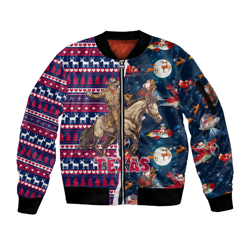 Custom Texas Christmas Sleeve Zip Bomber Jacket Cowboy With Santa Claus In Space - Wonder Print Shop
