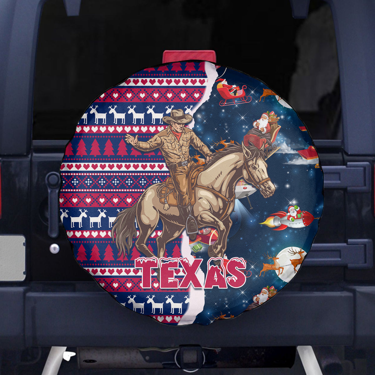 Custom Texas Christmas Spare Tire Cover Cowboy With Santa Claus In Space - Wonder Print Shop