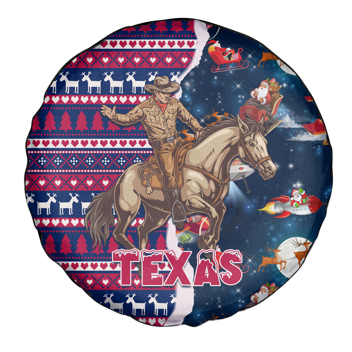 Custom Texas Christmas Spare Tire Cover Cowboy With Santa Claus In Space - Wonder Print Shop