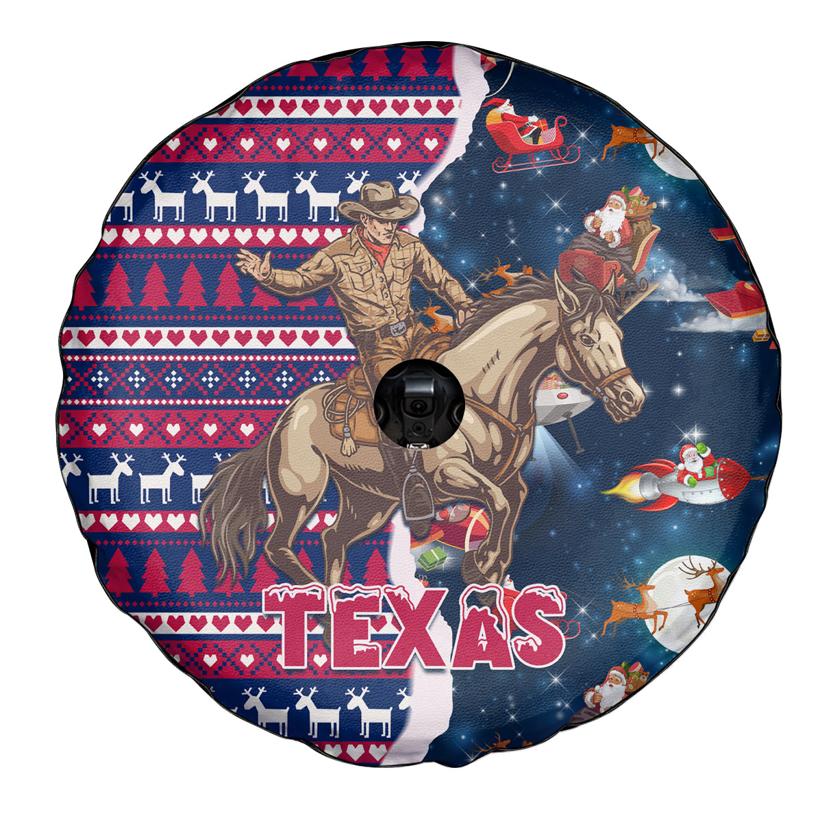 Custom Texas Christmas Spare Tire Cover Cowboy With Santa Claus In Space - Wonder Print Shop