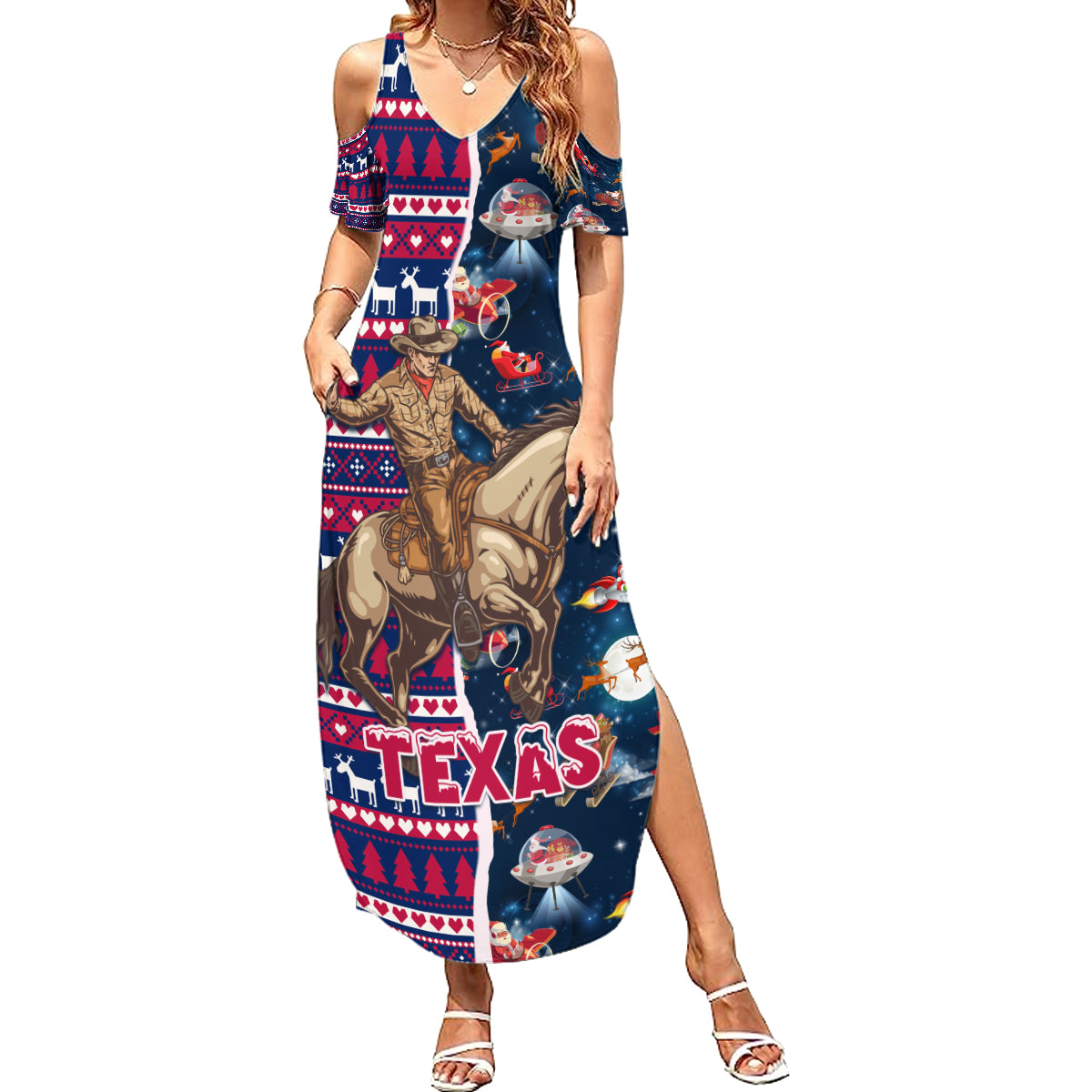 Custom Texas Christmas Summer Maxi Dress Cowboy With Santa Claus In Space - Wonder Print Shop