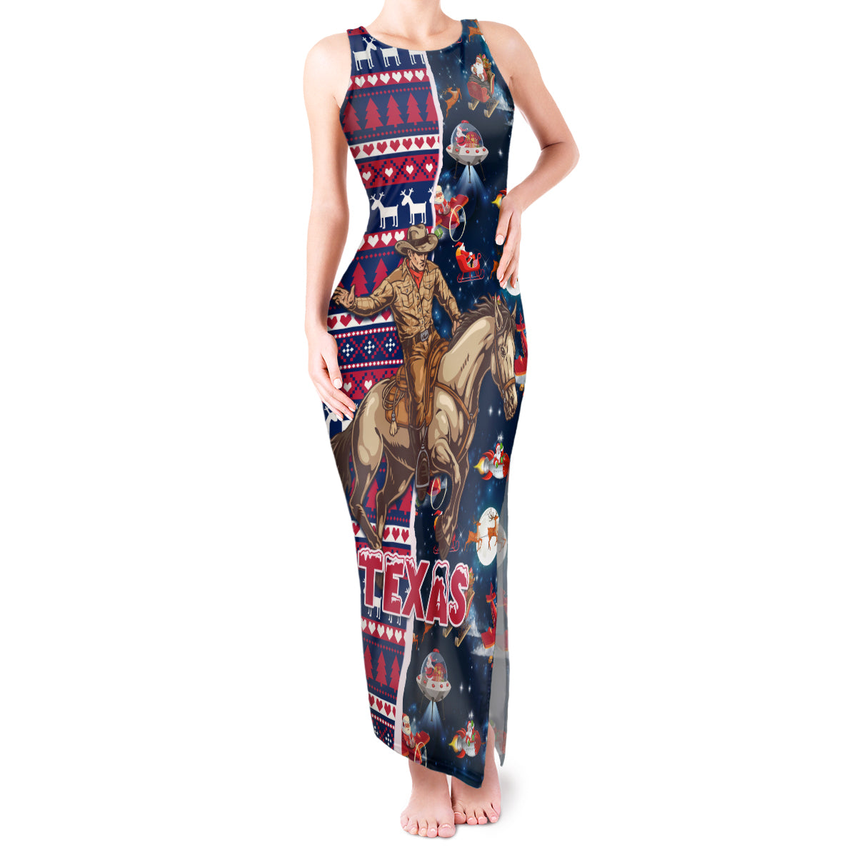 Custom Texas Christmas Tank Maxi Dress Cowboy With Santa Claus In Space - Wonder Print Shop