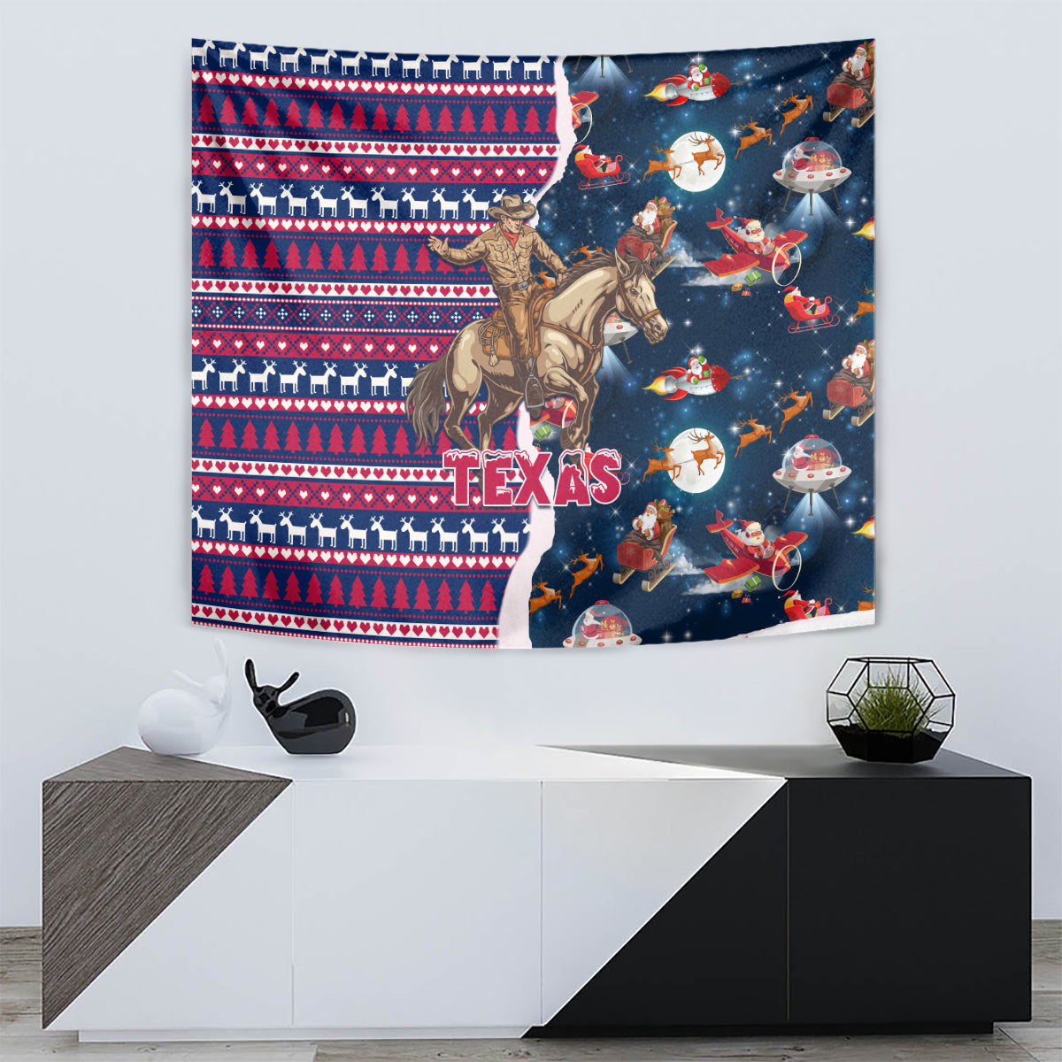 Custom Texas Christmas Tapestry Cowboy With Santa Claus In Space - Wonder Print Shop