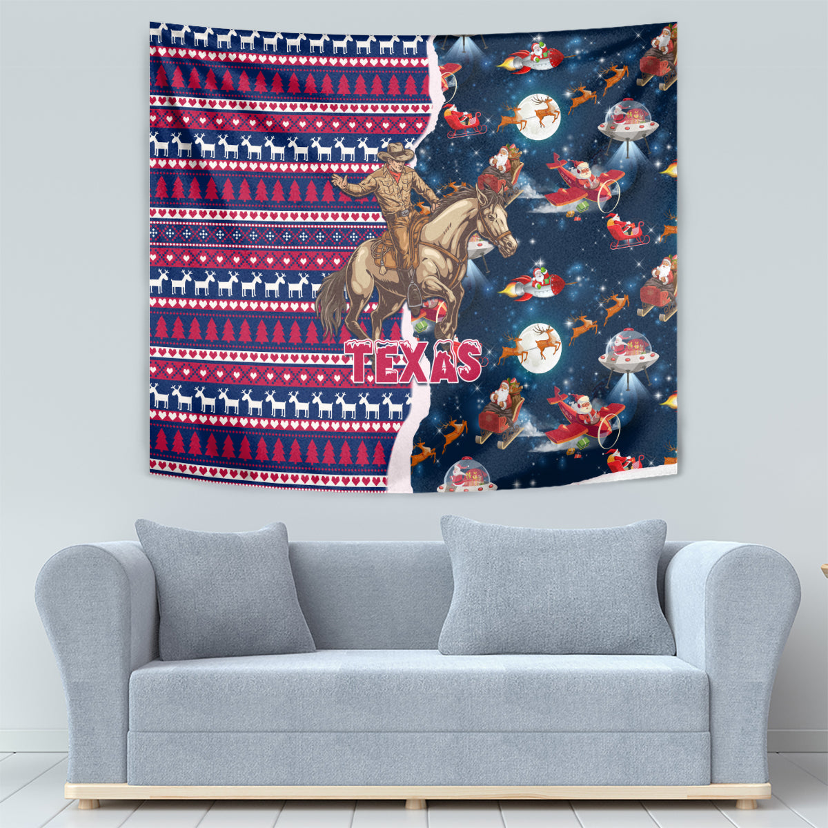 Custom Texas Christmas Tapestry Cowboy With Santa Claus In Space - Wonder Print Shop