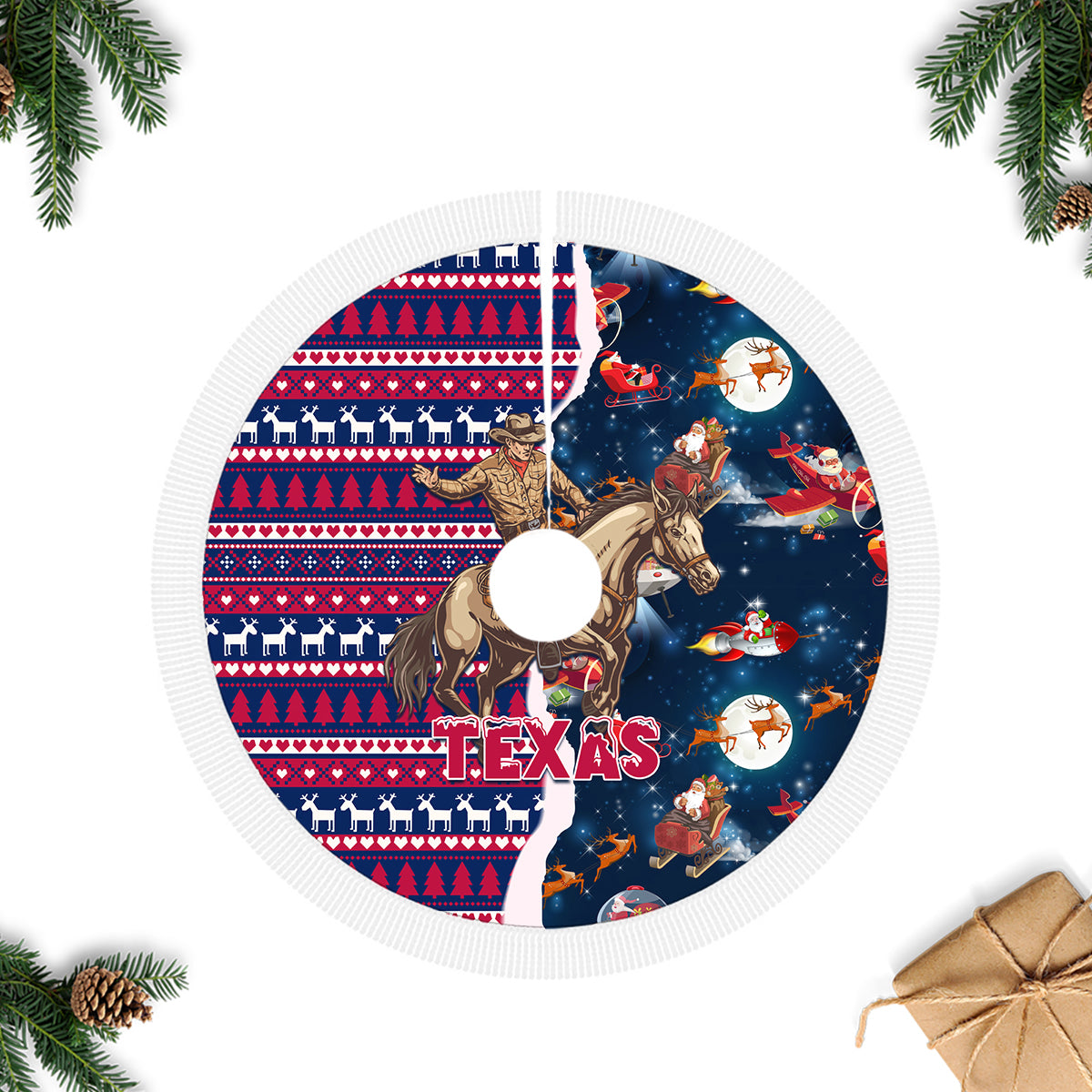 Texas Christmas Tree Skirt Cowboy With Santa Claus In Space - Wonder Print Shop